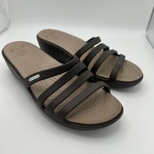 Crocs Rhonda Wedge Sandals Taupe Brown SZ 10 Women’s Slip On Comfort Shoes